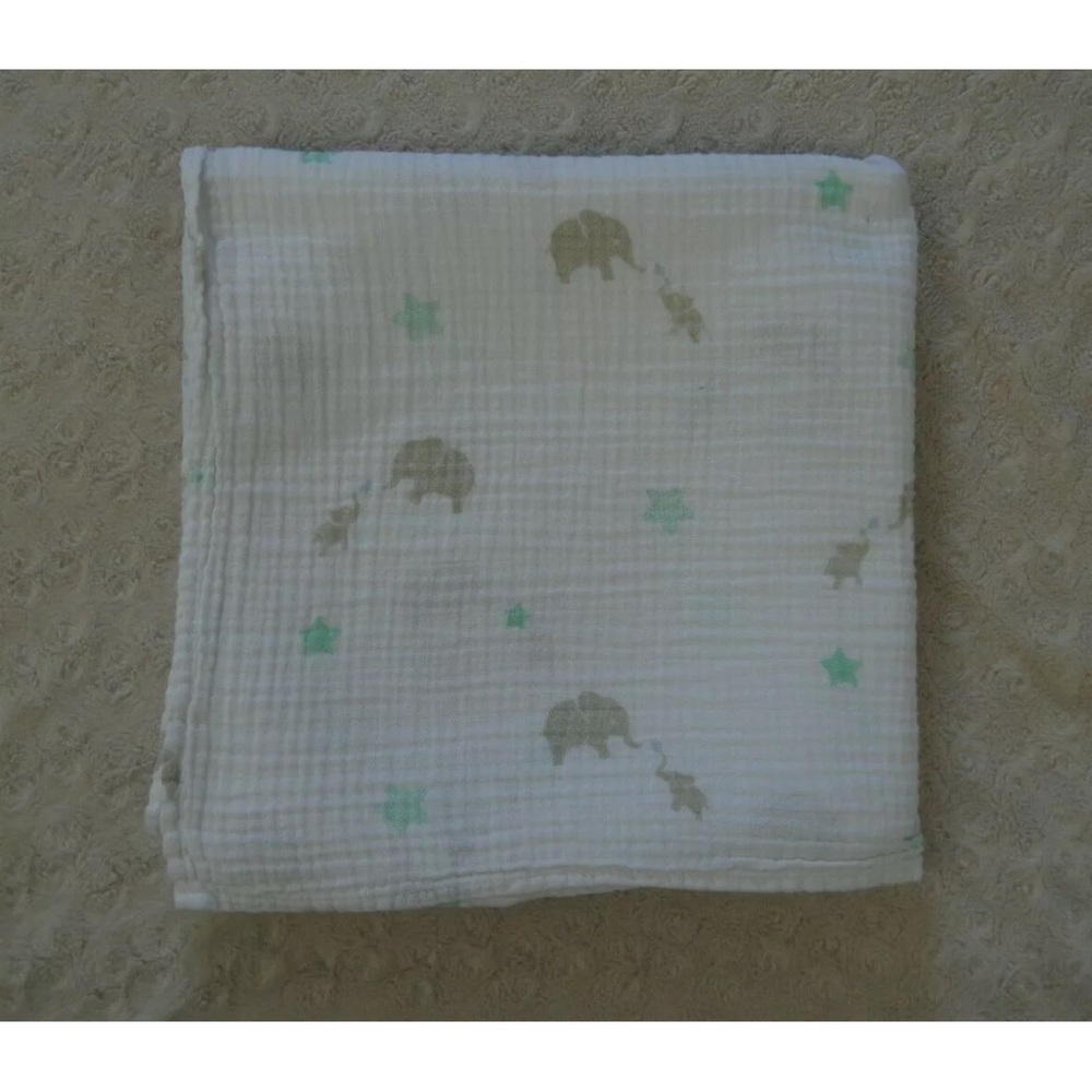 Bear Hugs Elephants Stars Baby Blanket Swaddle White Green Gray Muslin Cotton